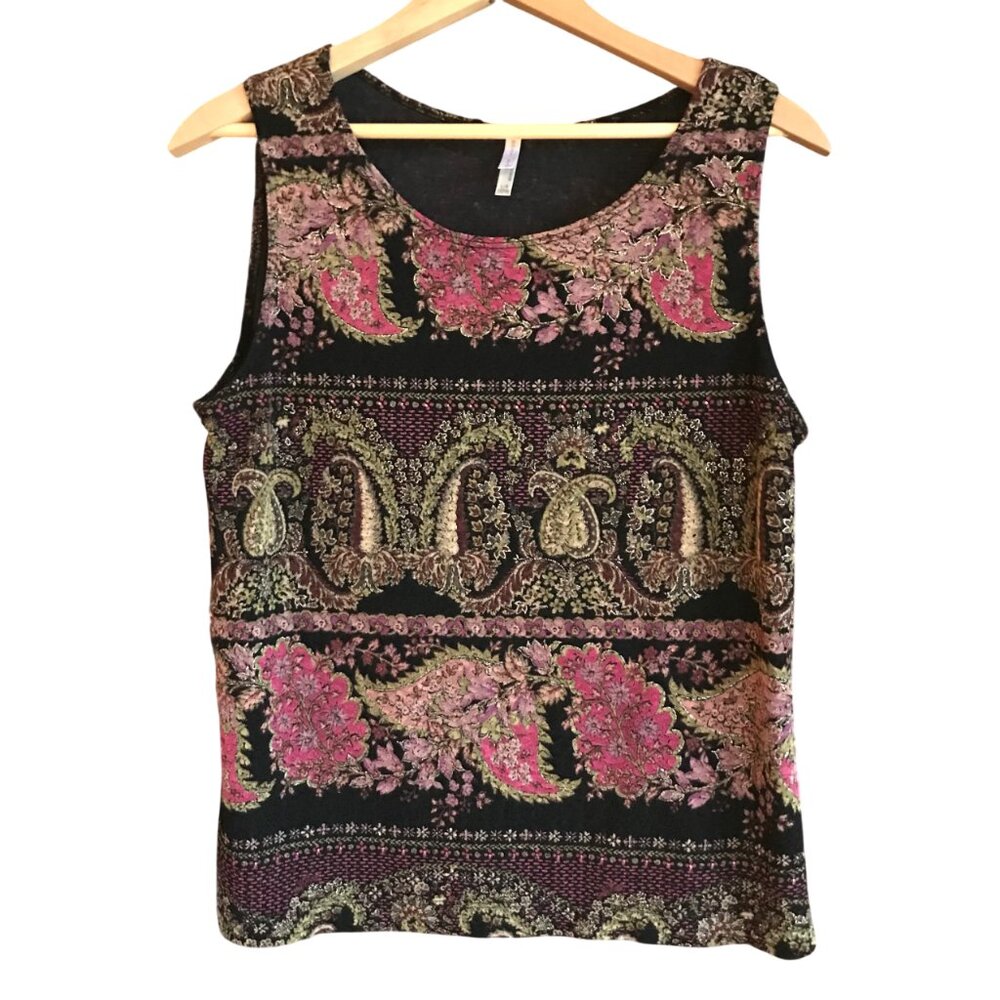 White Stag Sleeveless Floral Tank Top Gold Metallic Gypsy Boho Festival Size L